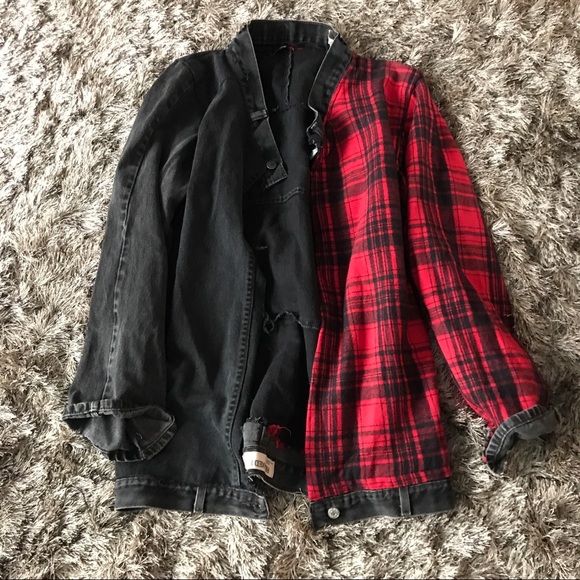 half red half black jean jacket